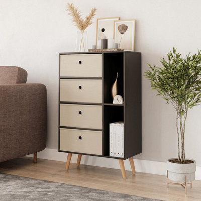 Urbn-Living Urbnliving 84Cm Height Black 6 Section Wooden Storage Bookcase With Beech Legs Beige Drawers - image 1