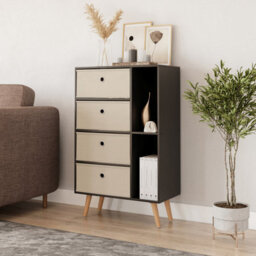 Urbn-Living Urbnliving 84Cm Height Black 6 Section Wooden Storage Bookcase With Beech Legs Beige Drawers - thumbnail 1