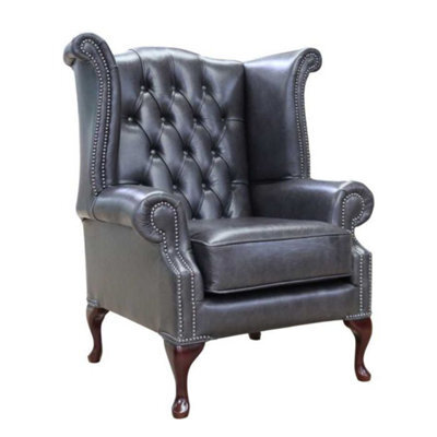 Chesterfield High Back Wing Chair Old English Storm Leather In Queen Anne Style - image 1