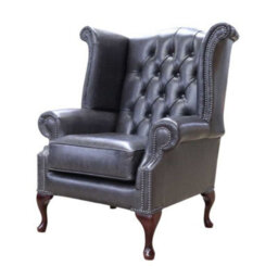 Chesterfield High Back Wing Chair Old English Storm Leather In Queen Anne Style - thumbnail 2
