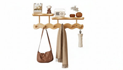 Wall Mounted Wavy Coat Rack With 2 Shelves Living Room Bedroom Study - image 1