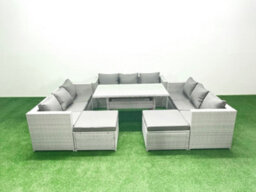 Fimous Rattan Garden Outdoor Furniture Set 11 Seater Garden Sofa Rectangulr Dining Table Set 2 Big Stools Light Grey - thumbnail 1