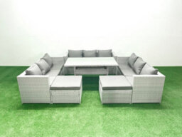 Fimous Rattan Garden Outdoor Furniture Set 11 Seater Garden Sofa Rectangulr Dining Table Set 2 Big Stools Light Grey - thumbnail 2