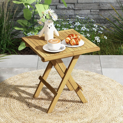 Gainoom Outdoor Natural Patio Folding Side Table Teak Wood Square Coffee Table W/ X-Shaped Legs - image 1