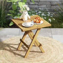 Gainoom Outdoor Natural Patio Folding Side Table Teak Wood Square Coffee Table W/ X-Shaped Legs