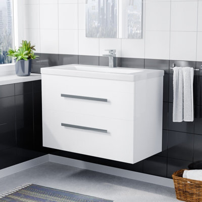Nes Home Nanuya 800 mm Gloss White Wall Hung 2 Drawer Vanity Cabinet & Ceramic Basin Sink - image 1