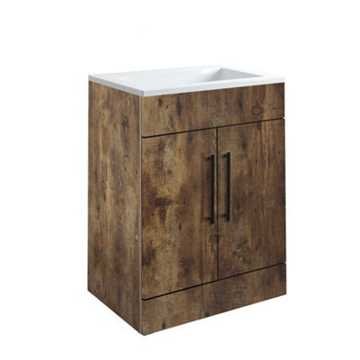 Homestylestore 600mm Dark Oak Floorstanding Bathroom Vanity Unit And Black T Bar Handle - image 1