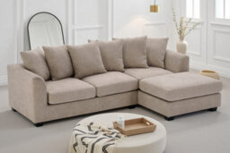 Beige L Shaped Corner Sofa With Chaise Lounger - Scatter Pillows - Soft Woven Chenille - Removable Covers - Chloe