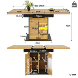 Abrihome Modern Telescopic Extendable Dining Table For 4-6 People Space-Saving Folding Kitchen Table With Led Light & Snack Shelf - thumbnail 7