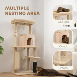 Pawhut Cat Tree Tower Scratching Post Bed House, 132Cm, Beige - thumbnail 4