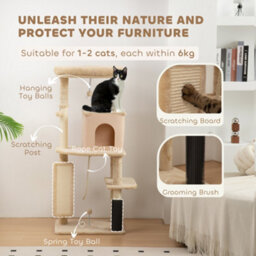 Pawhut Cat Tree Tower Scratching Post Bed House, 132Cm, Beige - thumbnail 5