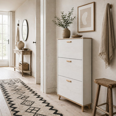 Wyld Haus Romola Slim Shoe Cabinet Cream White And Natural - 3 Flip Drawers For 12 Pairs, 70W X 23.5D X 122H Cm - image 1