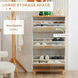 Wyld Haus Romola Slim Shoe Cabinet Cream White And Natural - 3 Flip Drawers For 12 Pairs, 70W X 23.5D X 122H Cm - thumbnail 5
