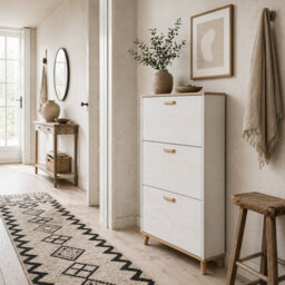 Wyld Haus Romola Slim Shoe Cabinet Cream White And Natural - 3 Flip Drawers For 12 Pairs, 70W X 23.5D X 122H Cm - thumbnail 1