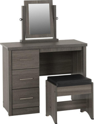 Seconique Lisbon Black Wood Grain 3 Drawer Dressing Table Set Mirror Stool - image 1