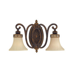 Stylish Twin Wall Light With Detailed Back Plate And Glass Shades In Walnut Finish