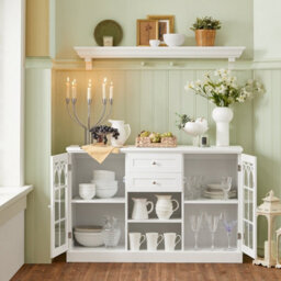 Kitchen Storage Cabinet White Cupboard Sideboard With 2 Glass Doors & 2 Drawers,sobuy Fsb79-W - thumbnail 2