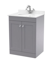 Balterley Swynnerton Traditional 2 Door Floor Standing Vanity Unit With Marble Basin, Satin Grey, 600mm - thumbnail 1