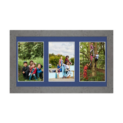 AK Frames 40X20Cm Marble Grey Modern Multi Photo Frame With Blue Mount - Holds 3 Apertures (3X) 6X4 Photos - image 1
