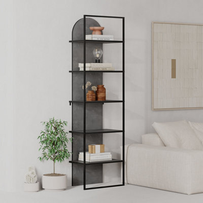 Decortie Modern Archy Bookcase 5-Tier Engineered Wood Design On The Back Wall-Mounted Shelf W/black Metal Frame 180(H)Cm Retrogrey - image 1