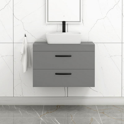 Royal Bathrooms 800mm Wall Hung Vanity Unit 2 Drawer Indigo Grey Gloss & Cube Countertop Basin With Matt Black Handle - image 1