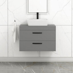 Royal Bathrooms 800mm Wall Hung Vanity Unit 2 Drawer Indigo Grey Gloss & Cube Countertop Basin With Matt Black Handle - thumbnail 1