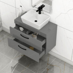 Royal Bathrooms 800mm Wall Hung Vanity Unit 2 Drawer Indigo Grey Gloss & Cube Countertop Basin With Matt Black Handle - thumbnail 3
