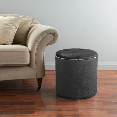 Slumbre Round Beading Crushed Velvet Foot Stool Pouffe -  Black - image 1