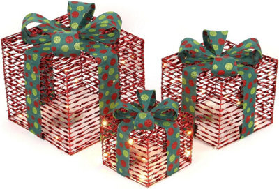 Set Of 3 Light-Up Christmas Gift Boxes With 50 Warm White Led Lights Battery-Powered Xmas Decor Red With Green Ribbon - image 1
