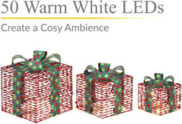 Set Of 3 Light-Up Christmas Gift Boxes With 50 Warm White Led Lights Battery-Powered Xmas Decor Red With Green Ribbon - thumbnail 3