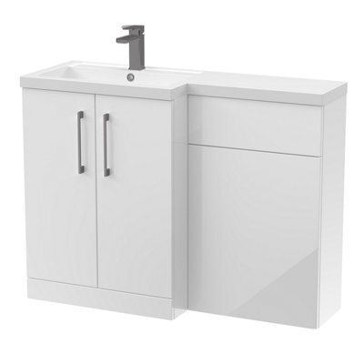 Balterley Left-Hand Bathroom Vanity And Wc Unit Combination With Basin - 1100mm - Gloss White With Brushed Pewter Handles - image 1