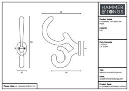 Hammer and Tongs Hammer & Tongs Ornamental Hat & Coat Hook - W30mm X H130mm - Brass - thumbnail 4