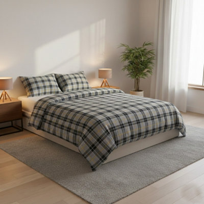 Thermal Flannelette Tartan Duvet Cover Set Warm Brushed Cotton Bedding Grey - image 1