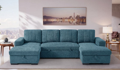 Stratus Interiors Como Modern Fabric Corner Sofa Bed With Double Lift-Up Storage -Blue- U-Shaped Convertible Sleeper Sofa - image 1
