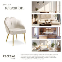 Tectake 1 Accent Chair Hellen - Velvet Cover, Padded, Extra-Wide Shell-Shaped Backrest  - Cream/gold - thumbnail 7