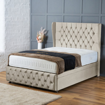 Bsspoke Ottoman Divan Lift Up Storage Bed Cream Plush With 25Cm Orthopaedic Mattress & 54Inch Headboard & Footboard In All Sizes - image 1