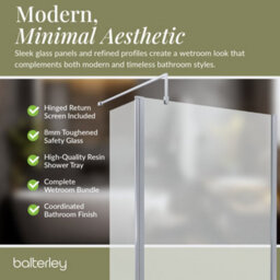 Balterley 8mm Glass Walk In Wetroom Screen And Hinged Return Screen With Chrome Profile And Grey Shower Tray - 1400 X 900mm - thumbnail 4
