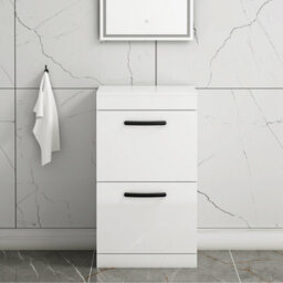 Royal Bathrooms Turin 500mm Gloss White Floor Standing Worktop Vanity Unit - 2 Drawer With Matt Black Handle - thumbnail 1