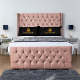 UKBEDFURNITURE Emily Pink Plush Wingback Divan Bed Base With 54 Inch Headboard - No Storage - thumbnail 1