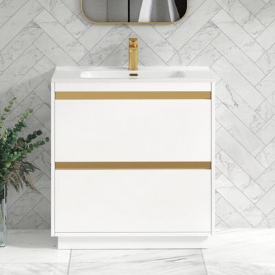 Royal Bathrooms Orion 800mm Matt White 2 Drawer Floor Standing Vanity Unit With Ceramic Basin & Brushed Brass Strip - image 1