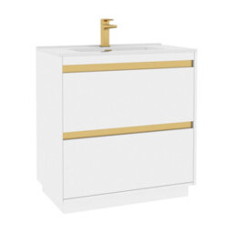 Royal Bathrooms Orion 800mm Matt White 2 Drawer Floor Standing Vanity Unit With Ceramic Basin & Brushed Brass Strip - thumbnail 7