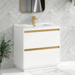 Royal Bathrooms Orion 800mm Matt White 2 Drawer Floor Standing Vanity Unit With Ceramic Basin & Brushed Brass Strip - thumbnail 5