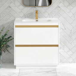 Royal Bathrooms Orion 800mm Matt White 2 Drawer Floor Standing Vanity Unit With Ceramic Basin & Brushed Brass Strip - thumbnail 1