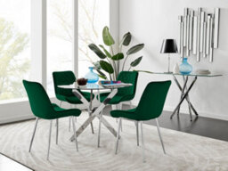 Furniturebox Uk Novara Chrome Metal Round Glass Dining Table And 4 Green Pesaro Silver Leg Chairs