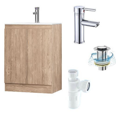 Belofay 600mm Denvor Wood Grains Laquered Cloakroom Vanity Unit With Basin, With 1 Tap Hole Ceramic Basin And Soft Close Hinges - image 1