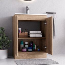 Belofay 600mm Denvor Wood Grains Laquered Cloakroom Vanity Unit With Basin, With 1 Tap Hole Ceramic Basin And Soft Close Hinges - thumbnail 3