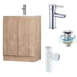 Belofay 600mm Denvor Wood Grains Laquered Cloakroom Vanity Unit With Basin, With 1 Tap Hole Ceramic Basin And Soft Close Hinges - thumbnail 1