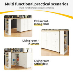 Abrihome White Swivel Bar Table W/ 3 Drawers, Snack Rack & Castors Multifunctional Storage Island For Kitchen Room (138-209X39X106Cm) - thumbnail 5