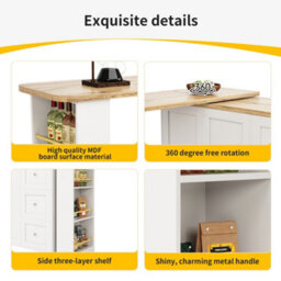 Abrihome White Swivel Bar Table W/ 3 Drawers, Snack Rack & Castors Multifunctional Storage Island For Kitchen Room (138-209X39X106Cm) - thumbnail 6