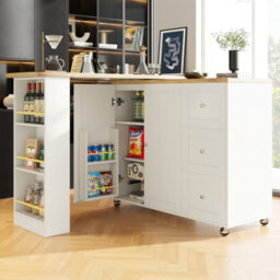 Abrihome White Swivel Bar Table W/ 3 Drawers, Snack Rack & Castors Multifunctional Storage Island For Kitchen Room (138-209X39X106Cm) - thumbnail 2